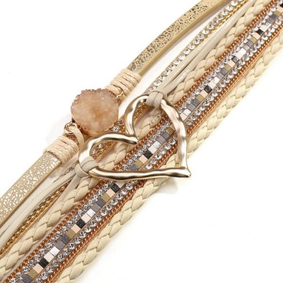 GOLD HEART MULTI LAYER LEATHER RESIN STONE & DIAMOND MAGNETIC CLOSURE BRACELET - Picture 5 of 11